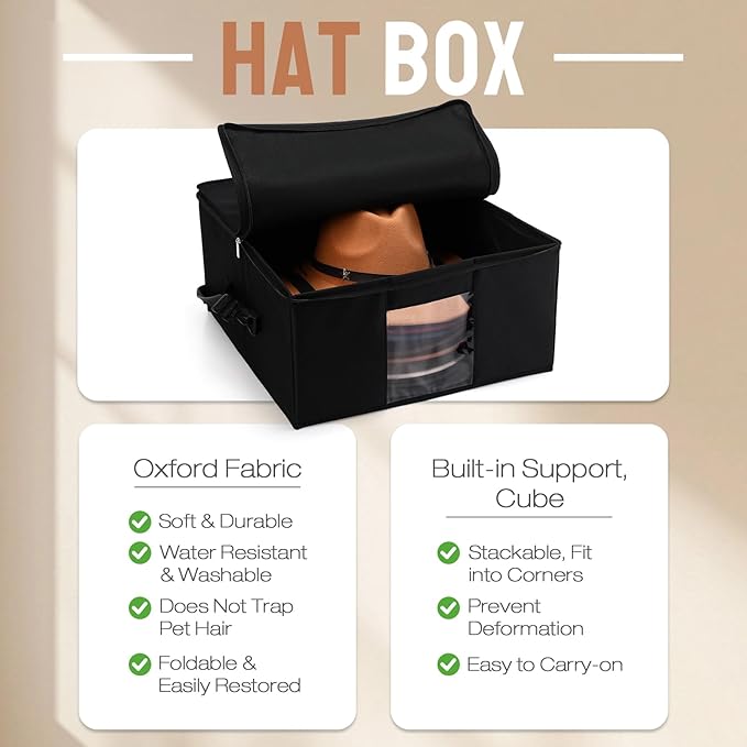 2 Pcs Hat Storage Box Upgrade Stackable Organizer with Lids Cowboy Hat Box Large Square Bag Foldable Closet Sheet Organizer Travel Container for Men Women(Black)