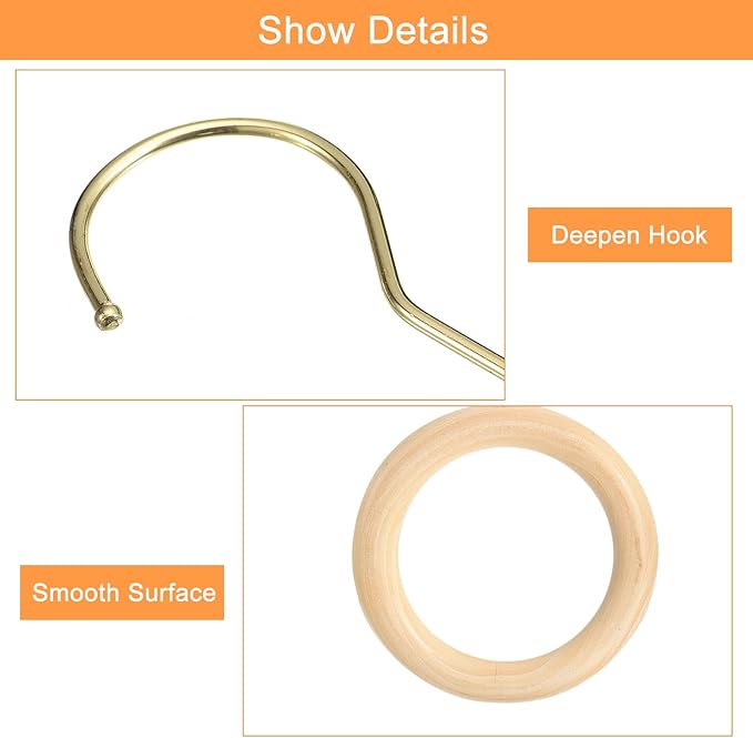 uxcell 4 Inch Scarf Ring Hanger, Scarf Organizer Holder Wooden Circle Rings Hanging Hook for Belt Tie Scarf, 15cm Length Hook (Gold)