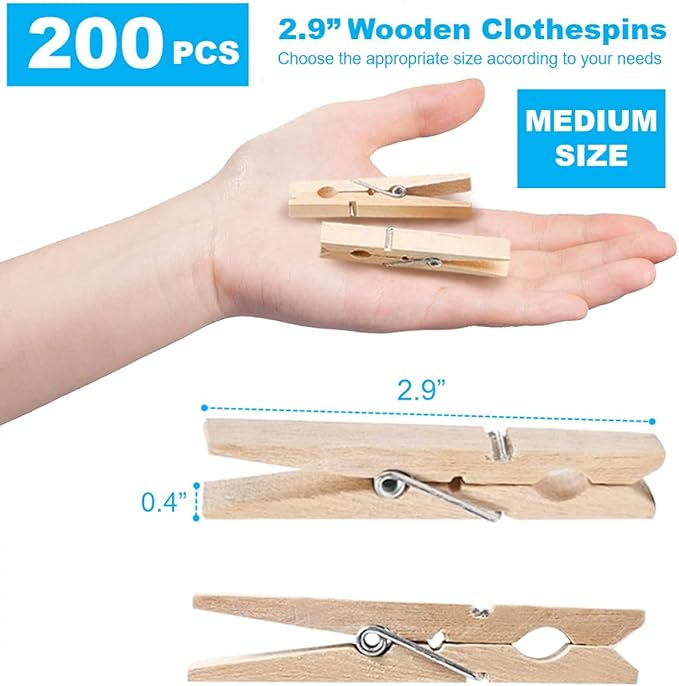 SenseYo 200 Pcs 2.9 Inch Wooden Clothespins Clips for Hanging Clothes, Craft, Home