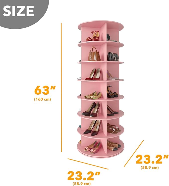 SpaceAid 7 Tier Rotating Shoe Rack Tower, Spinning Shoe Display Lazy Susan, Revolving 360 Shoe Rack Storage Round Carousel, Vertical Handbag Rotate Shoes Closet Organization (7-Tier Pink)