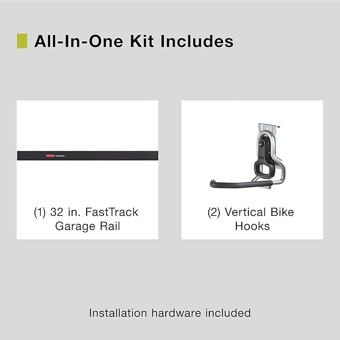 Rubbermaid FastTrack Garage Storage Bike Storage Kit, 3 Piece, All in One Rail Hook Kit Organizer, Heavy Duty Organization for Home/Garage/Wall/Shed