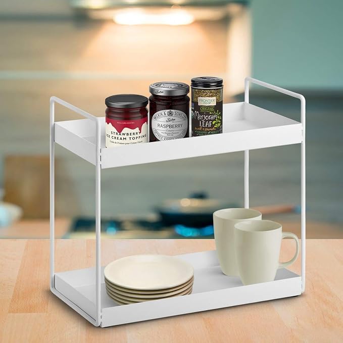2-Tier Bathroom Countertop Organizer Vanity Tray Cosmetic & Makeup Storage Kitchen Spice Rack Standing Shelf, White