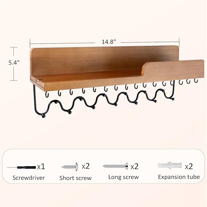 29 Hooks Wall Mount Necklace Holder Organizer, Natural Decorative Wood Jewelry Shelf with Gold Metal Wave Bar and Guardrail for Necklace, Pendant, Chain, Bracelet