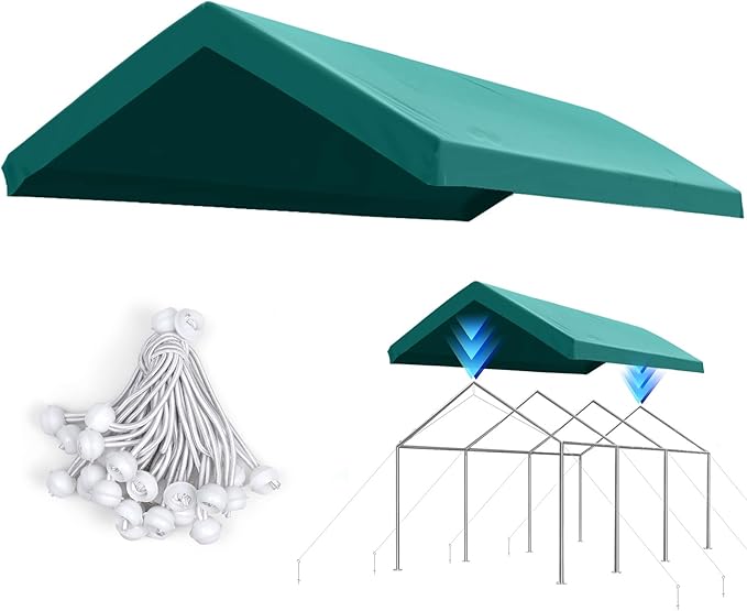 ADVANCE OUTDOOR Replacement Top Cover Tarp for 12x20 ft Carport Canopy with Ball Bungees, Green, One Roof Only