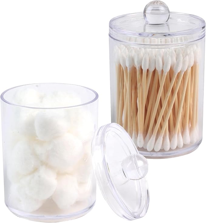 2 Pack Acrylic Qtip Holder Dispenser,Canisters Apothecary Jar Set, Vanity Makeup Bathroom Organizers and Storage Set, 10oz