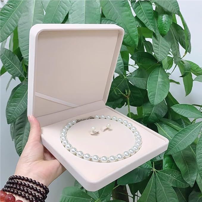 Jewelry Velvet Box Pearl Necklace Earring Bracelet Gift Display Case Wedding Jewelry Storage Holder (Beige For Pearl Necklace Earrings)