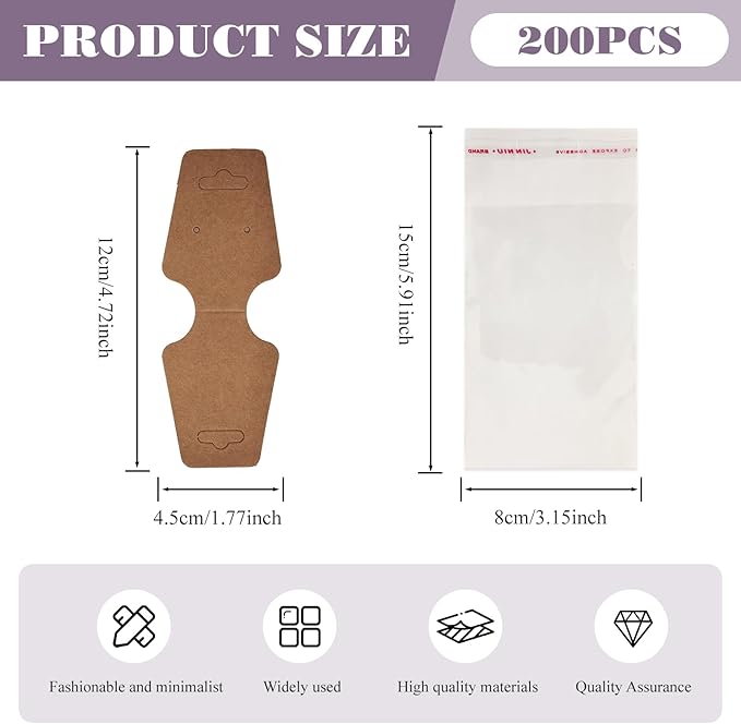 200pcs Jewelry Display Cards with Adhesive,1.7*4.7inch Necklace Display Kraft Cards with 200pcs Packaging Bags Jewelry Holder Cards Hanging for Earring Hair Band Keychain Scrunchies (Khaki)