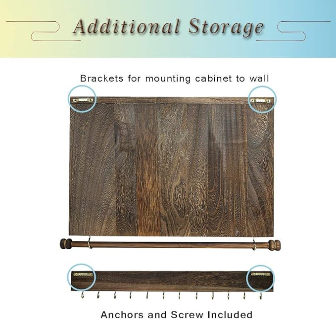 GLANT Rustic Wall Mounted Jewelry Organizer with Wooden Barndoor Decor,Wooden Wall Mount Holder,Jewelry holder for Necklaces, Earings, Bracelets, Ring Holder. Includes matching hook organizer (Rustic)