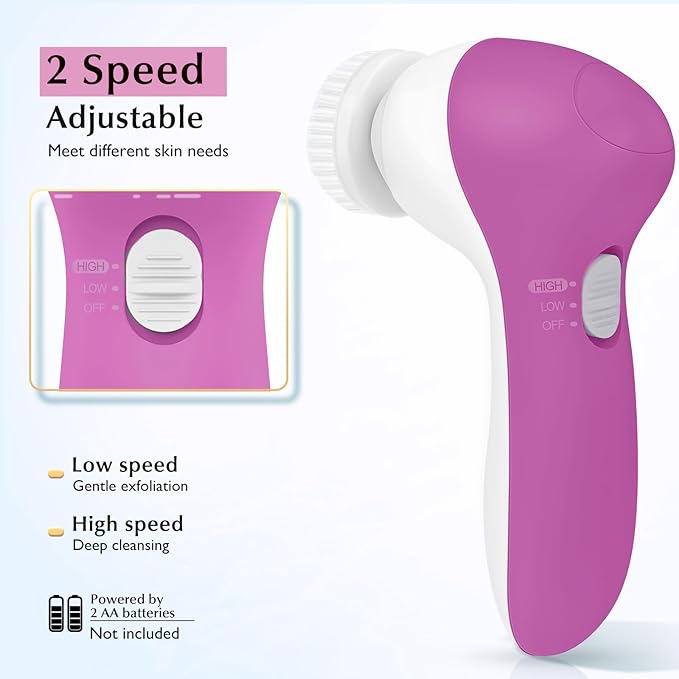 COSLUS Facial Cleansing Brush Silicone Face Scrubber: 2 in1 FBS-D Electric Exfoliating Device Waterproof Deep Cleaning Exfoliation Rotating Spa Machine - Electronic Skincare Wash Spinning System