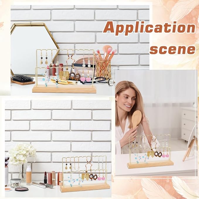 1Pcs 2-Tier Wood Earring Display Stand 8.66x5.9x1.97 Inch Long-Lasting Plated Metal Hanging Bar Stand with Iron Findings Golden Display Stands for Bracelet Necklace Earrings
