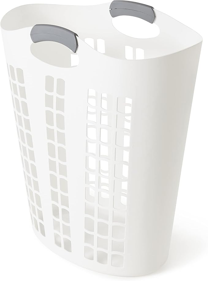 Gracious Living Laundry Basket, Easy Carry Flex Collapsible Hamper, 87.5 Liters, White - Large Plastic Clothes Storage Organizer for Home, Bathroom, and Bedroom