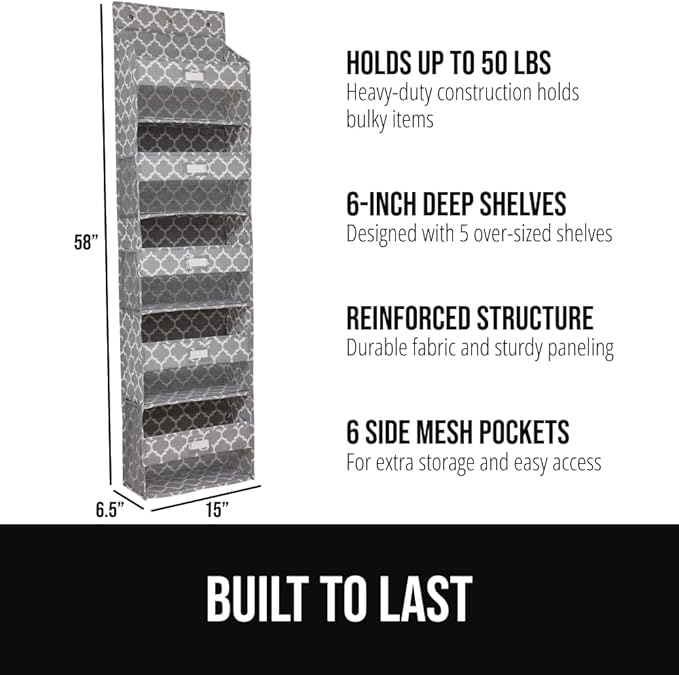 GORILLA GRIP Over The Door Organizer Storage, 5 Deep Hanging Shelves, Holds 50lbs, Closet Organizers Shelf for Bedroom, Bathroom, Nursery, Dorm Essentials, 3 Metal Hooks, 58x15 Inches, Quatrefoil
