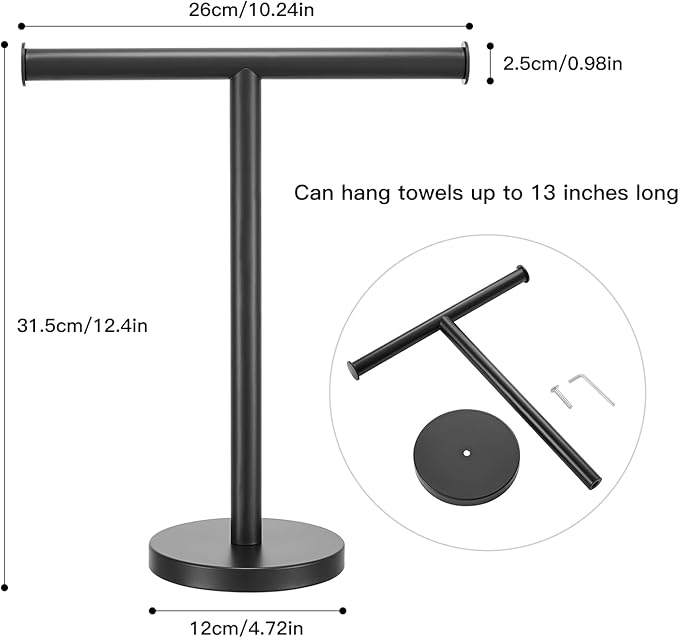 T-Shape Bath Hand Towel Holder Standing, SUS304 Stainless Steel Matte Black T-Shape Towel Bar Rack Stand with Heavy Base, Tower Bar for Bathroom Kitchen & Countertop, 2 Pack