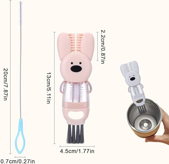 4 in 1 Water Bottle Brush,3 PCS Bottle Brushes for Cleaning,Cute Rabbit Cup Lid Cleaning Brush Tool Set for Gap Tight Space,Multifunctional Crevice Cleaning Brush with Straw Brush