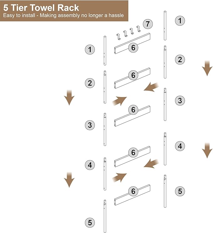Blanket Ladder, 5-Tier Towel Holder with 4 Removable Hooks, Farmhouse Wall Leaning Decorative Rack Shelf, Wooden Towel Display Rack, Quilt Ladder for Living Room, Bedroom, Black