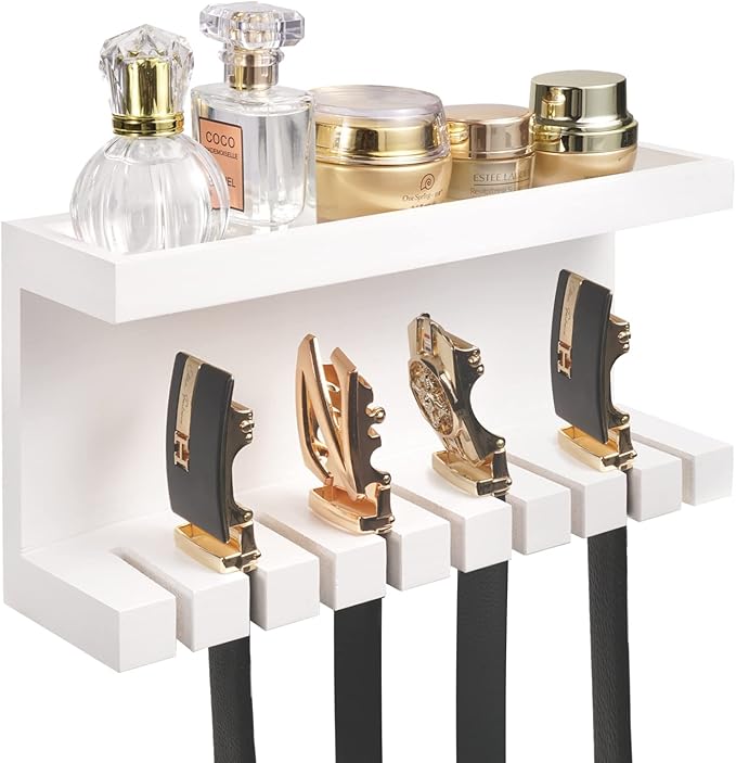 Belt Storage Organizer With Double Shelving Platform, Wall Mount Hanger Rack for Closet, Universal Holder for Men and Women, White
