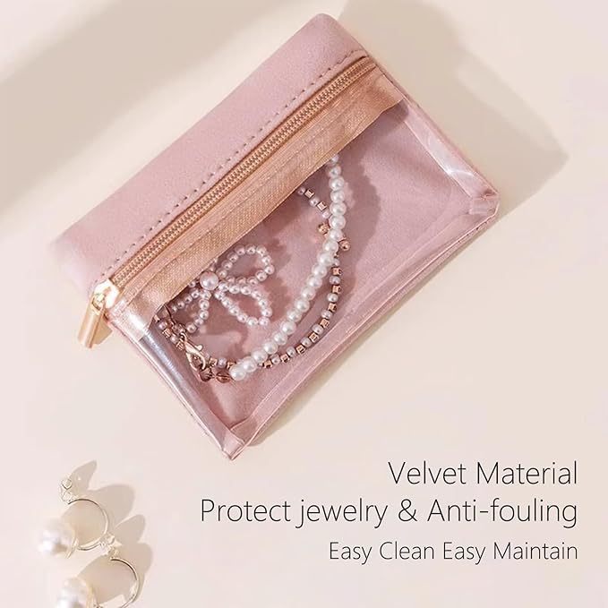 Small Travel Jewelry Pouches, 6PCS Clear Jewelry Organizer Bags with Soft Velvet and Zipper, Pocket Storage Bag Case Purse Organizer for Women Girl Gift