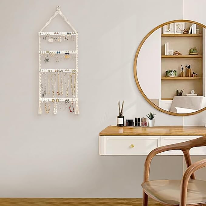 Mkono Hanging Jewelry Organizer Macrame Necklace Holder Wall Mounted Jewelry Hanger Earring Holder Organizer Boho Decor Over Door Jewelry Display Necklace Rack for Necklaces Bracelets Earrings