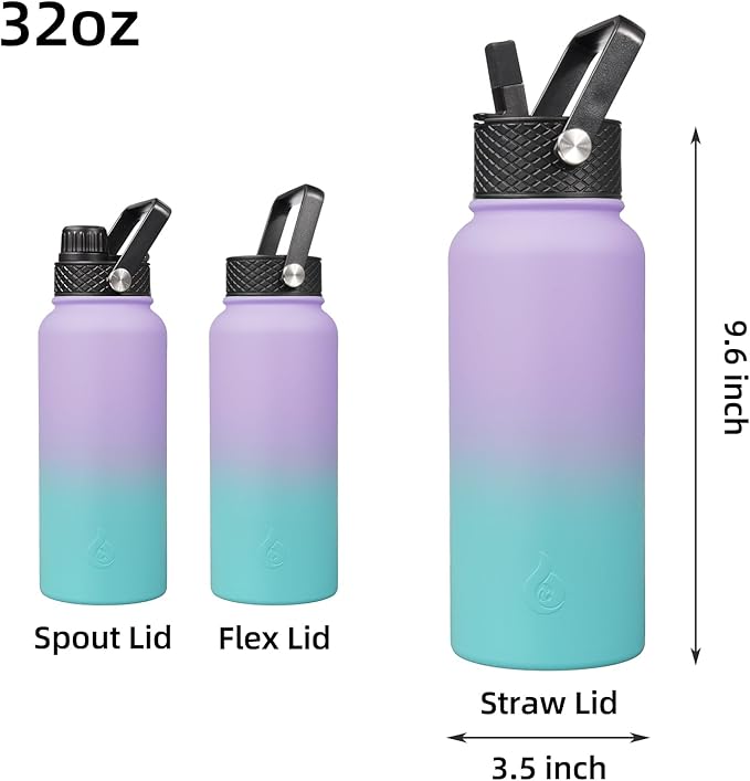 BJPKPK Insulated Water Bottles with Straw Lid, 32oz Metal Large Water Bottle with 3 Lids, Reusable Leak Proof BPA Free Thermo, Stainless Steel Tumblers for Sports, Gym, Travel-Lavender Green