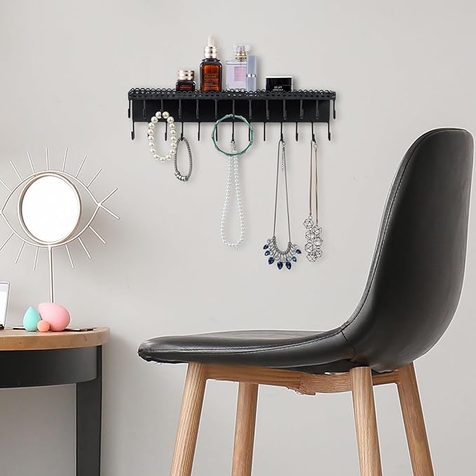 MyGift 15 Inch Wall Mounted Matte Black Metal Jewelry Organizer & Display Shelf with Vintage Lace Design, Hanging Perfume Storage and 26 Hook Necklace Hangers