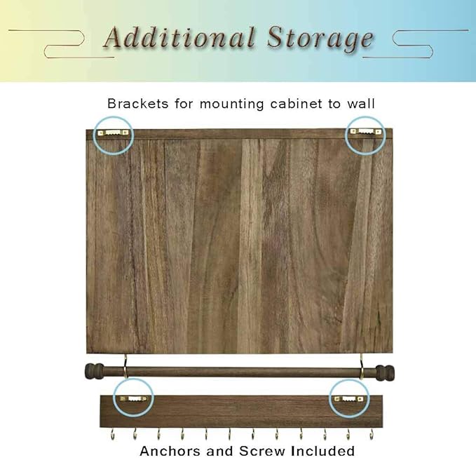 GLANT Rustic Wall Mounted Jewelry Organizer with Wooden Barndoor Decor， Wall Mount Holder,Jewelry holder for Necklaces, Earings, Bracelets，Ring Holder. Includes matching hook organizer (wood color)