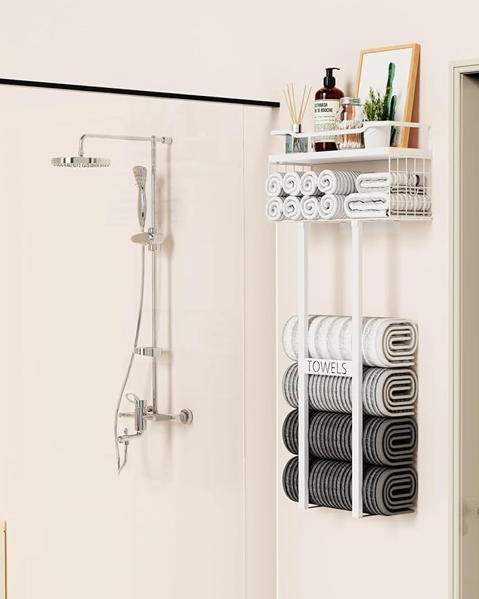 Towel Racks for Bathroom 31inch Wall Mounted Towel Rack,Floating Shelf with Wood Plank,Towel Storage for Bathroom Can Holds 6 Large Rolled Towels,All White