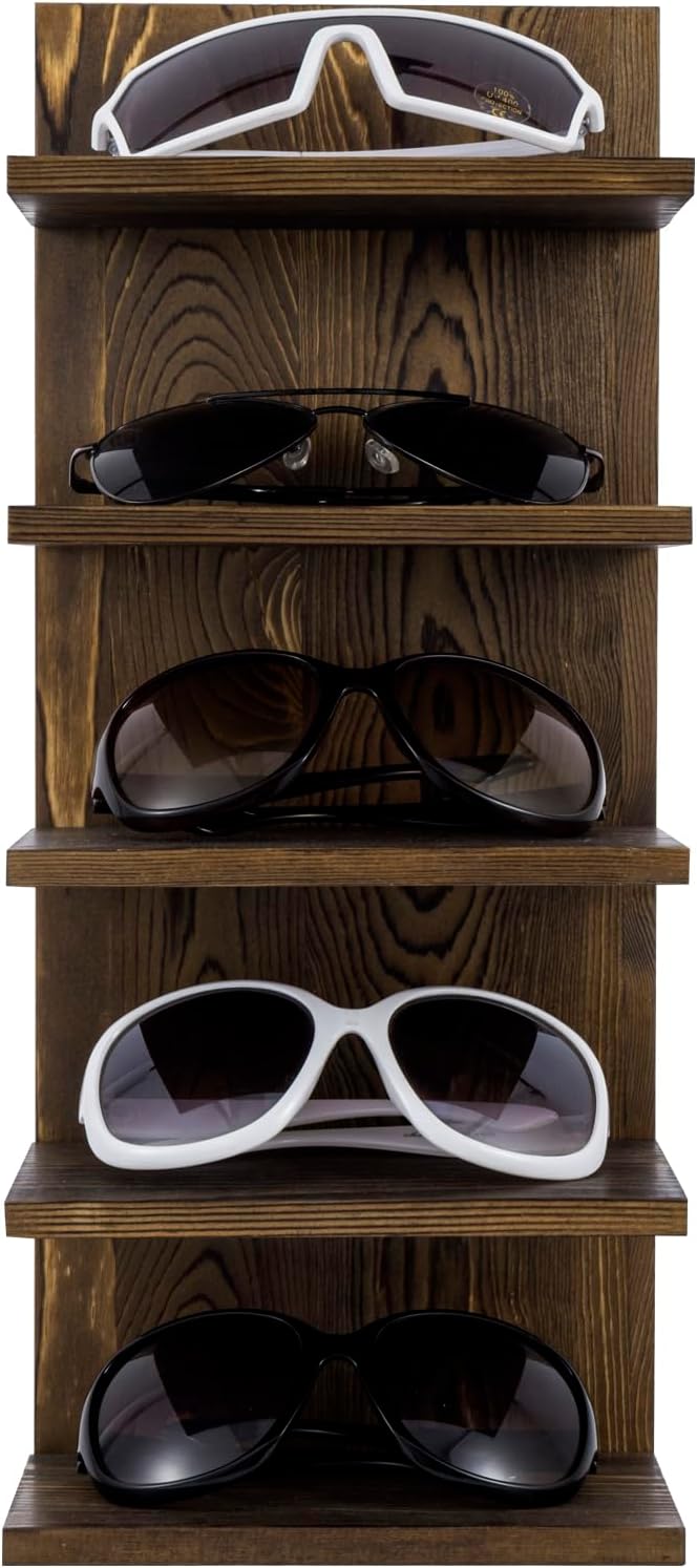 MyGift 5 Tier Rustic Burnt Solid Wood Sunglasses Holder Rack, Wall Mounted Eye Glasses Shelf or Tabletop Display Stand, Retail Eyewear Showcase Storage Organizer