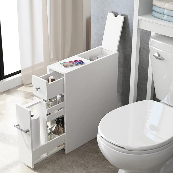 Spirich Slim Bathroom Storage Cabinet, Free Standing Toilet Paper Holder, Bathroom Cabinet Slide Out Drawer Storage, White