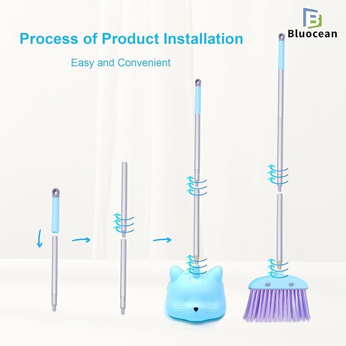 28'' Kids Mini Broom and Dustpan Set - Toddler Cleaning Toy, Toddler Household Helper, Parent-Child Interactive Play Cleaning Tool, Cute Cartoon Design, Small Safe Corner Broom (Blue Bubble)