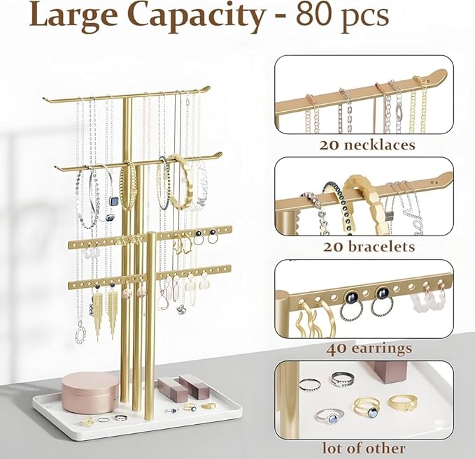 Gold Jewelry Organizer Stand, Heavy Duty Iron Necklace Holder with Tray, Anti-Rust Countertop Display for Earrings Bracelets Rings