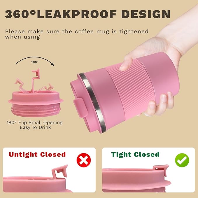 Vacuum-Insulated Stainless Steel Travel Coffee Mug, Leak-Proof Reusable Coffee Cup with Lid - Keep Hot & Cold Drinks for Hours, Durable Insulated Tumbler for Men & Women(3rd-Pink, 17OZ)
