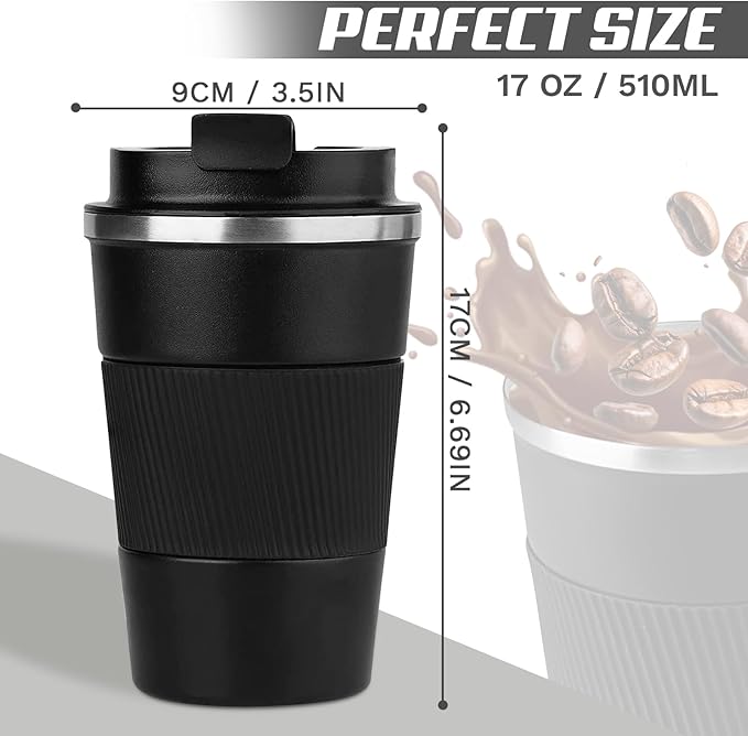 Vacuum-Insulated Stainless Steel Travel Coffee Mug, Leak-Proof Reusable Coffee Cup with Lid - Keep Hot & Cold Drinks for Hours, Durable Insulated Tumbler for Men & Women(3rd-Black, 17OZ)