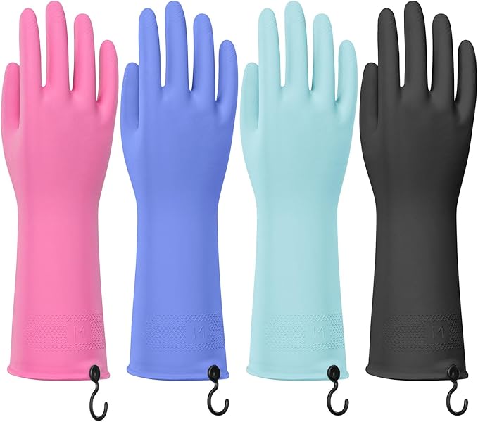 4 Pairs Rubber Dishwashing Gloves with Hanging Hooks - Reusable Cleaning Gloves for Kitchen & Household, Non-Slip, Durable and Flexible (Medium, 4 Colors)