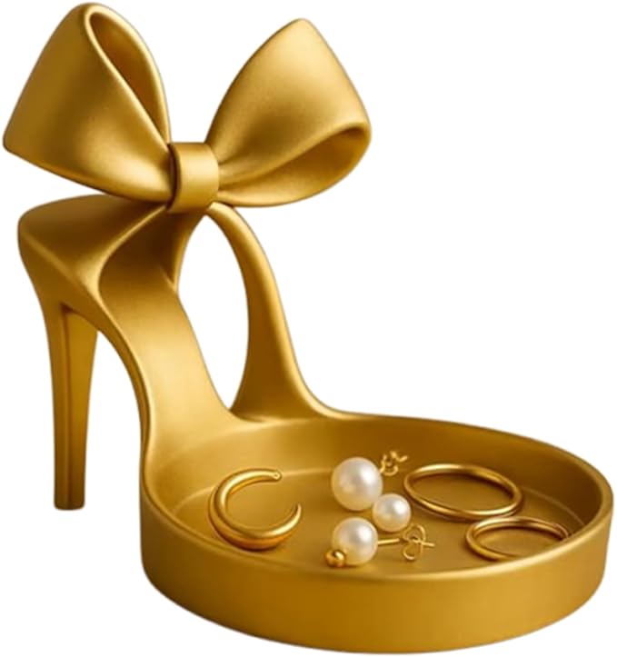 3D Printed High Heel Jewelry Holder & Organizer Tray With Elegant Bow Decor-Ring Display Stand, Earring, Bracelet Holder For Vanity, Desk Top, Dresser - Unique Home Decor Gift For Women (Golden)