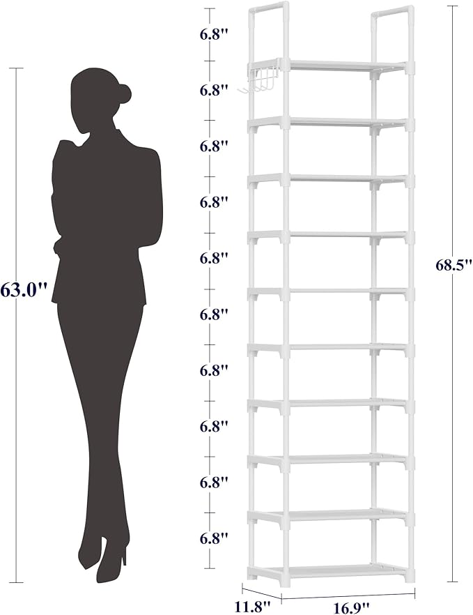 Kitsure Shoe Rack - 10-Tier Shoe Organizer with Detachable Fabric Shelves & Metal Frame, Tall Shoe Rack for Closet, Entrance, Living Room, 16.9" Wide - 10 Tier, White