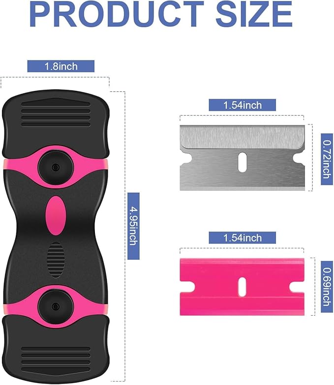 DEKEones Razor Blade Scraper, Double Edged Razorblade Scraping Tool with 10 Pcs Razor Blades, Paint Scraper for Glass, Decals, Tint, Stickers, Labels, Caulk, Adhesive(Pink)