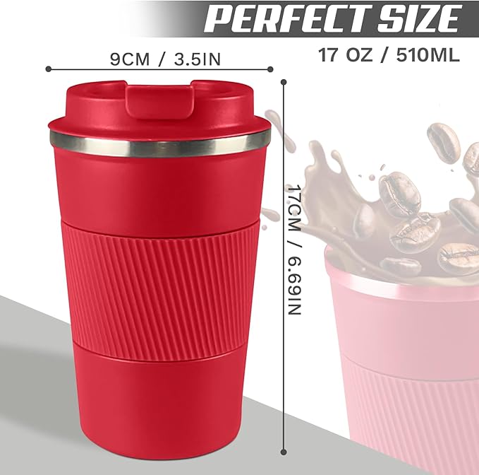 Vacuum-Insulated Stainless Steel Travel Coffee Mug, Leak-Proof Reusable Coffee Cup with Lid - Keep Hot & Cold Drinks for Hours, Durable Insulated Tumbler for Men & Women(3rd-Red, 17OZ)