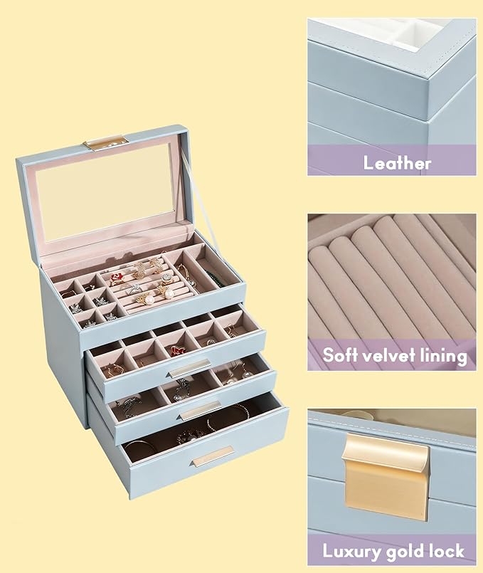 5 Layer Jewelry Box for Women, Glass Lid Jewelry Organizer with 5 Drawers for Necklaces Rings Earrings Bracelets - White (Gray blue)