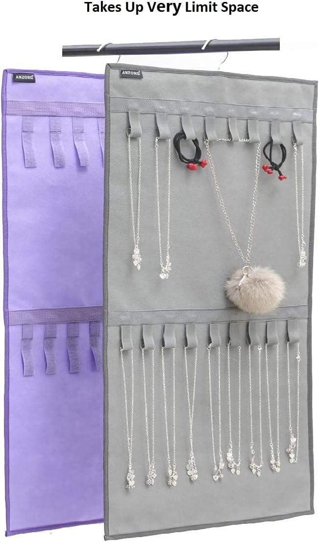 Dual-sided Hanging Jewelry Organizer with 34 Hook Loops Wall Mounted Necklace Holder Jewelry Display Storage Hanger for Bracelet Chain (PURPLE)