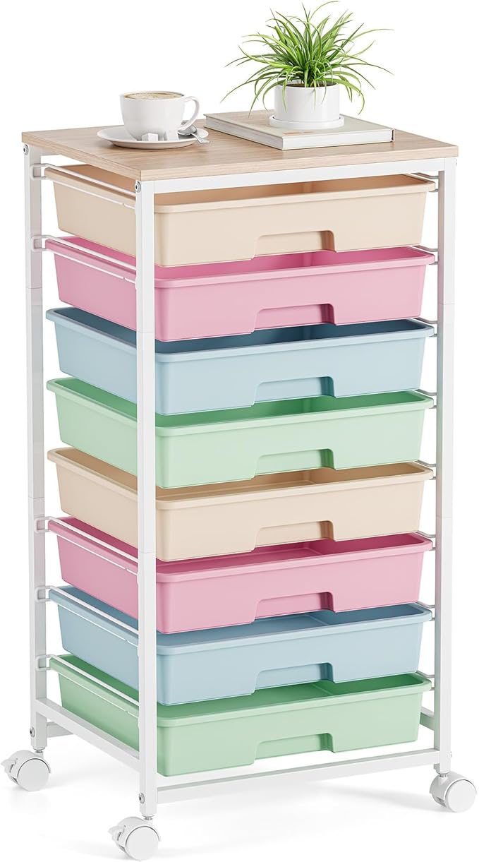 Rolling Storage Cart, Rainbow Cart with 8 Drawers and Wooden Tabletop, Teacher Organization for Classroom, Art Cart for Classroom,Office,Bedroom,Rainbow