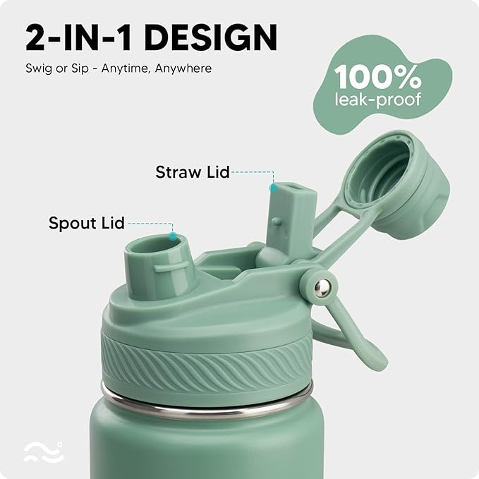 [2-IN-1 LID] Insulated Water Bottle with Silicone Boot (36hrs Cold/18hrs Hot) - DIY Stickers, Leakproof, BPA Free, 24 oz