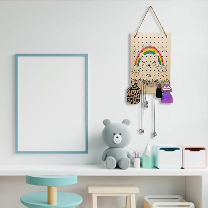 Hanging Jewelry Holder Organizer, Nursery Decor Jewelry Hanger Wall Mount,Hanging Jewelry Organizer for Stud Earrings,Necklaces,Rings (Rainbow Cat)