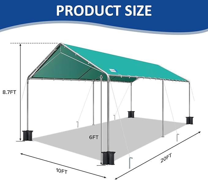 10x20 ft Heavy Duty Car Canopy Galvanized Frame Carport Outdoor Party Tent Boat Shelter with Reinforced Structure, No Sidewall - Green