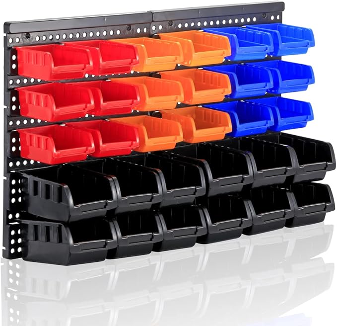 Wall Mounted Storage Bins Parts Rack 4 Colors Garage Plastic Shop Tool Organizer, ABS Plastic Garage Rack, Screw Storage 30 Bins