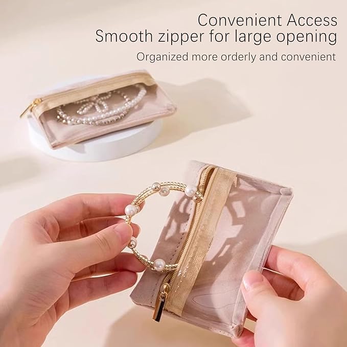 Small Jewelry Pouch Travel Organizer Bags with Soft Velvet and Zipper, 6PCS Pocket Storage Bag Case Purse Organizer for Women Girl Grandma Gift（ beige）