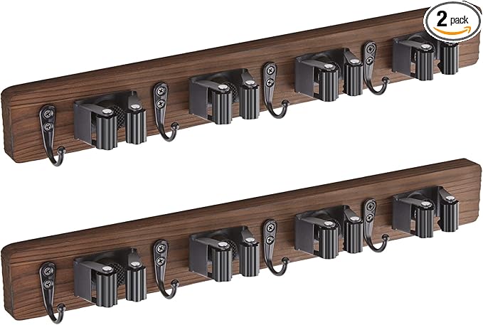 2 Pack Mop Broom Holder Wall Mount - Wood Broom Mop Hanger - Wall Mounted Garden Tool Rack Organizer for Closet Garage Laundry Room Farmhouse Rustic Kitchen Decor With 4 Slots & 4 Hooks
