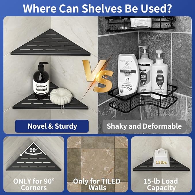 Corner Shower Shelf 10" Matte Black 304 Stainless Steel Slot Design Recessed Corner Shelves, Grout in Bathroom Shower Shelf for Tiled Wall, 2 Pack