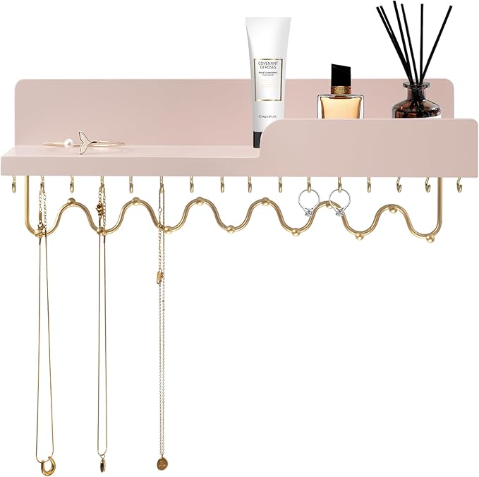 29 Hooks Wall Mount Necklace Holder Organizer, Pink Decorative Wood Jewelry Shelf with Gold Metal Wave Bar and Guardrail for Necklace, Pendant, Chain, Bracelet