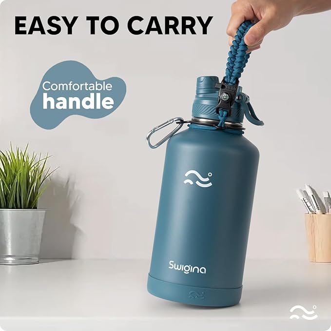 [2-IN-1 LID] 64 oz Insulated Water Bottle with Silicone Boot (48hrs Cold/24hrs Hot) - DIY Stickers, Leakproof, BPA Free, Half Gallon