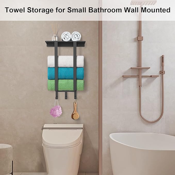 Towel Racks for Bathroom, Towel Rack with Shelf and 3 Hooks, Towel Storage Holders Wall for Rolled Bath Towels, Black